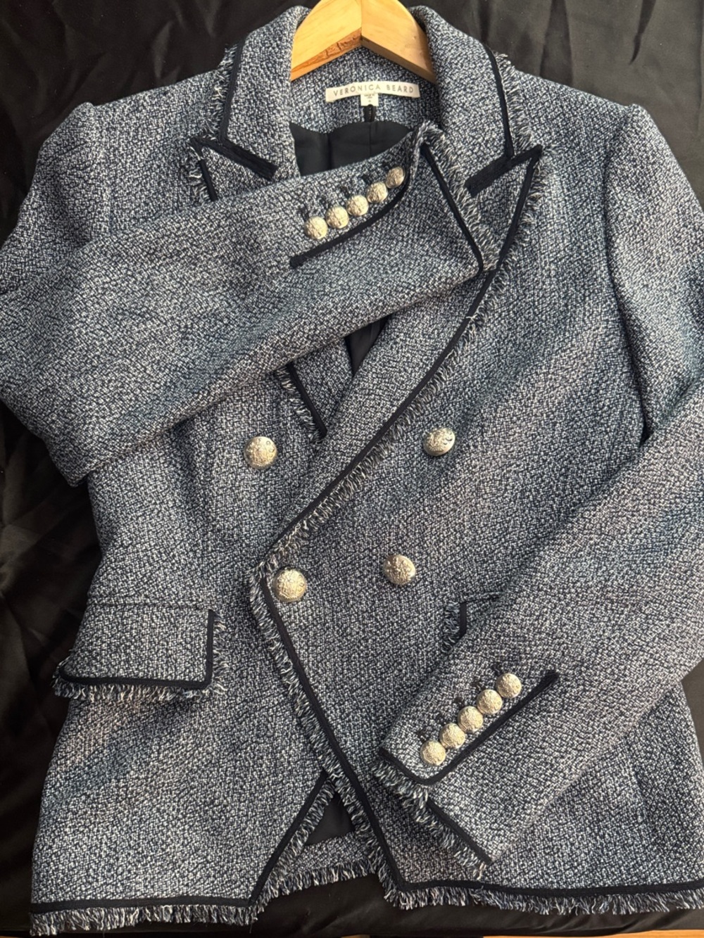 Veronica Beard Blue Tweed Double-Breasted Fringe-Trim Blazer